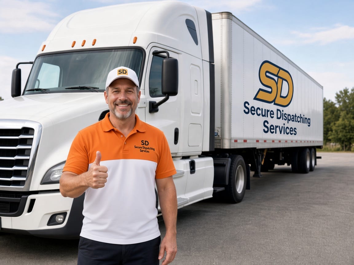 Happy truck driver giving a thumbs up in front of a dry van