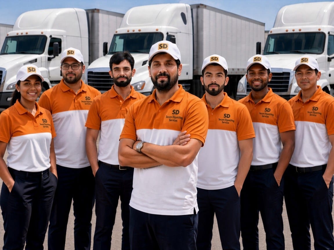 Secure Dispatching Services team with SD-branded caps; team leader front and center, dry van tractors behind