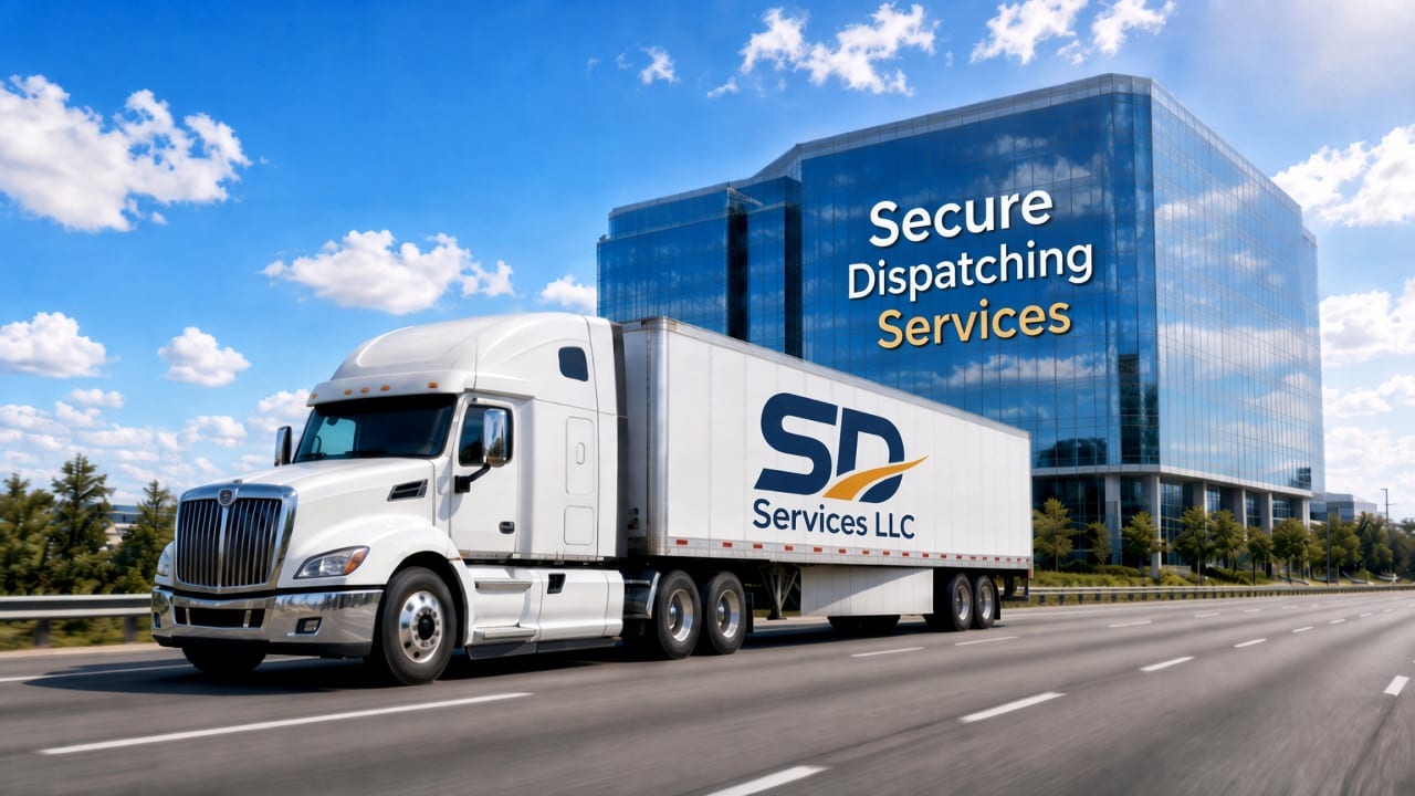 Dry van on the highway with Secure Dispatching Services glass office behind